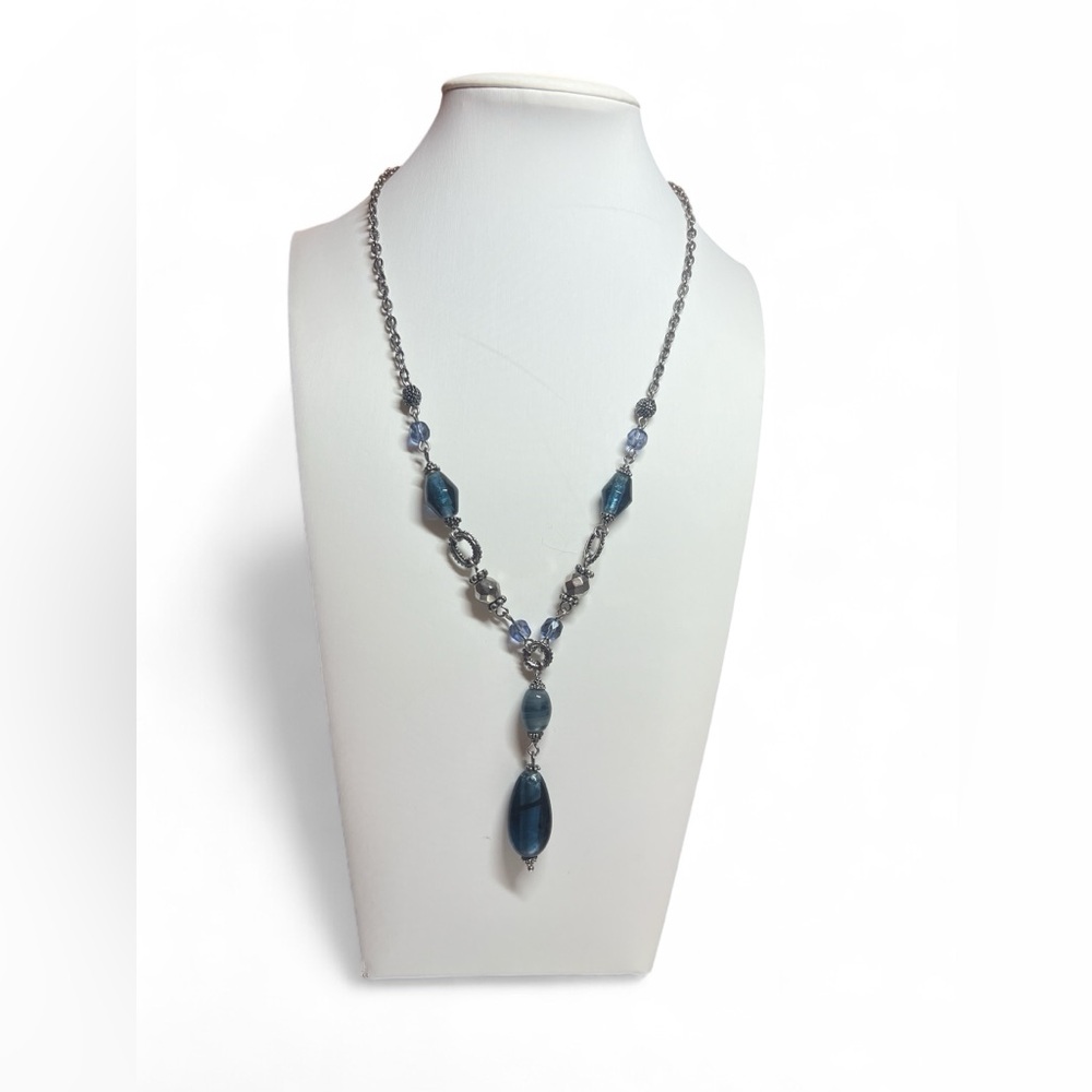 Lia Sophia Blue Glass Bead‎ Necklace "Buena Vista" Retired Y Drop 18" & 2" Drop